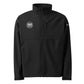 Black Columbia soft shell jacket with MooreMuscle circular MM logo embroidered on the left chest, front view on white background.