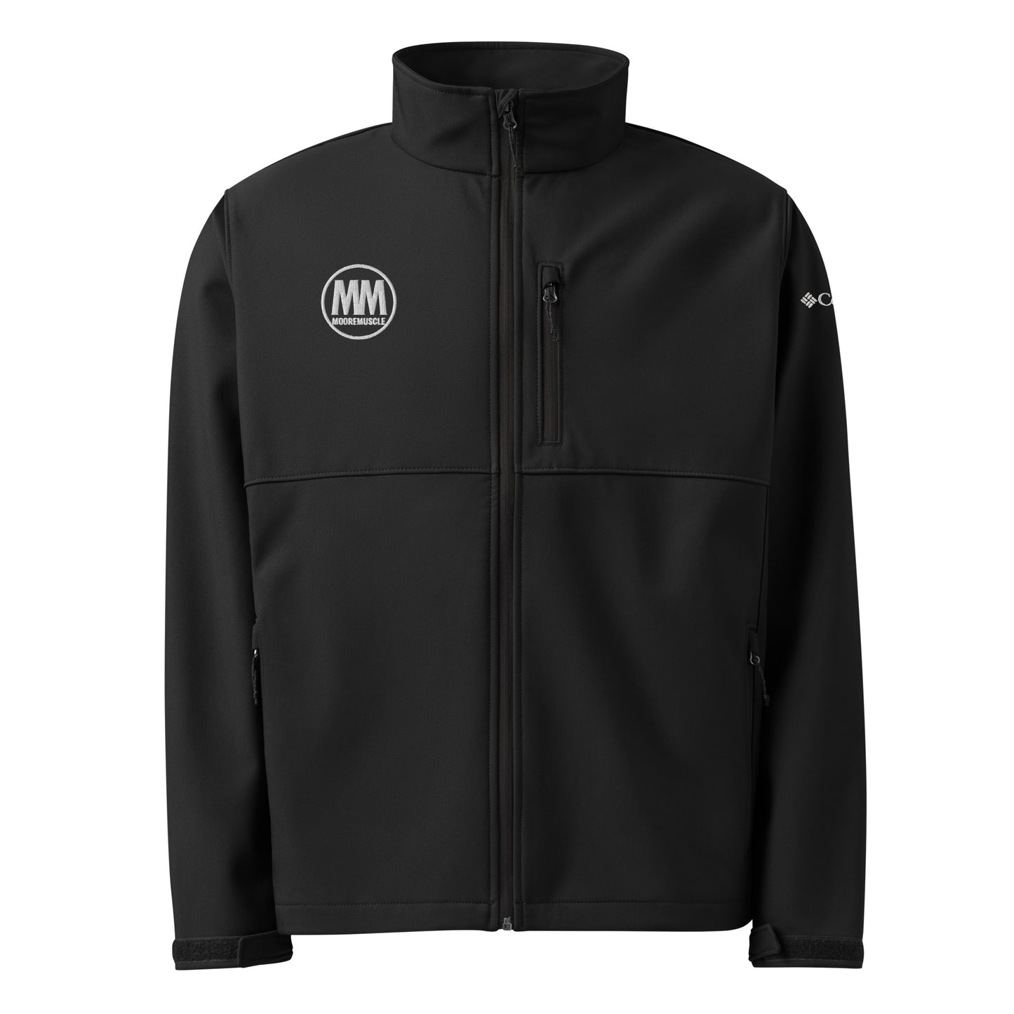 Black Columbia soft shell jacket with MooreMuscle circular MM logo embroidered on the left chest, front view on white background.