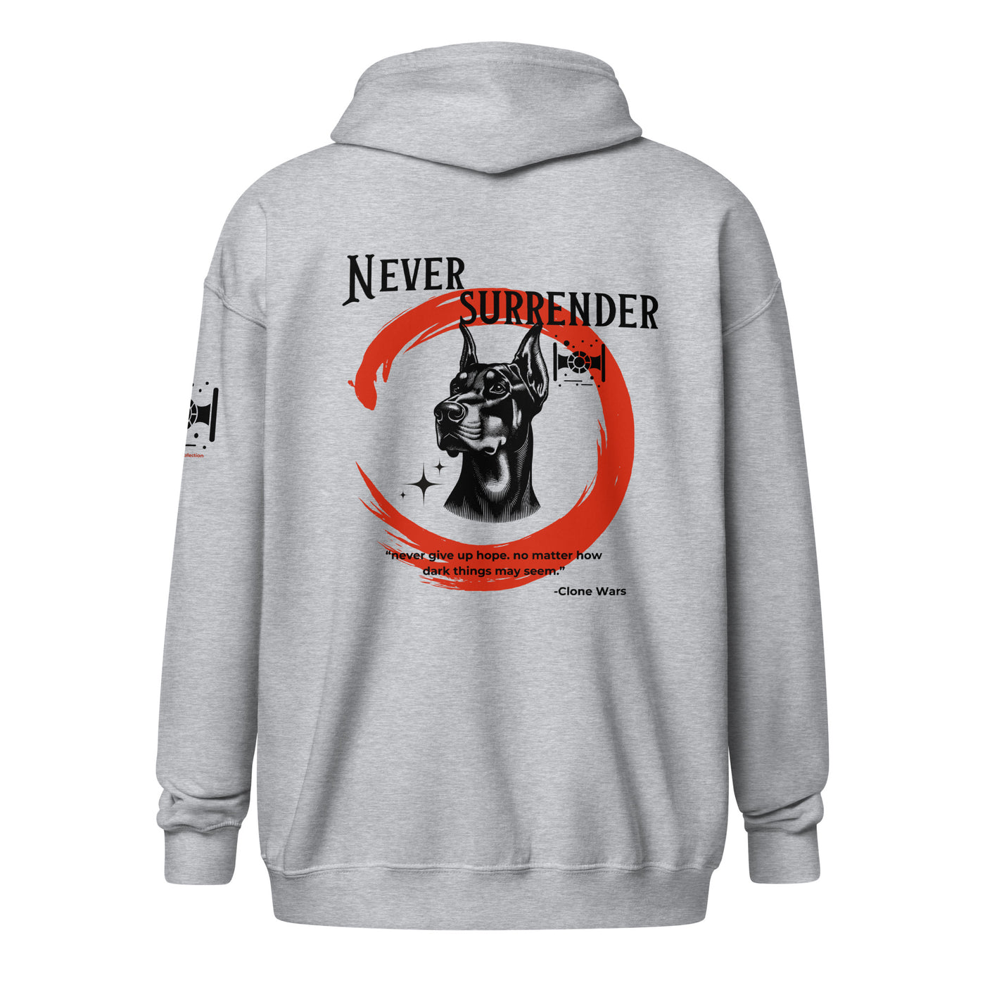 Never Surrender zip hoodie back view in heather gray with bold graphic tribute design