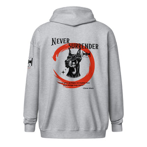 Never Surrender zip hoodie back view in heather gray with bold graphic tribute design