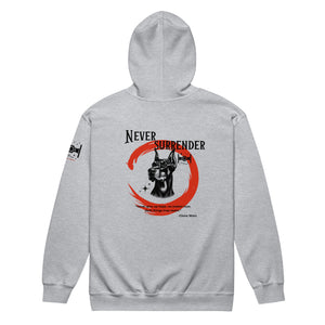 Front view of Never Surrender zip hoodie in heather gray with clean athletic silhouette