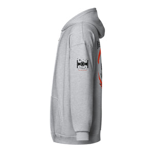 Side view of Never Surrender zip hoodie showing hood shape and regular unisex fit