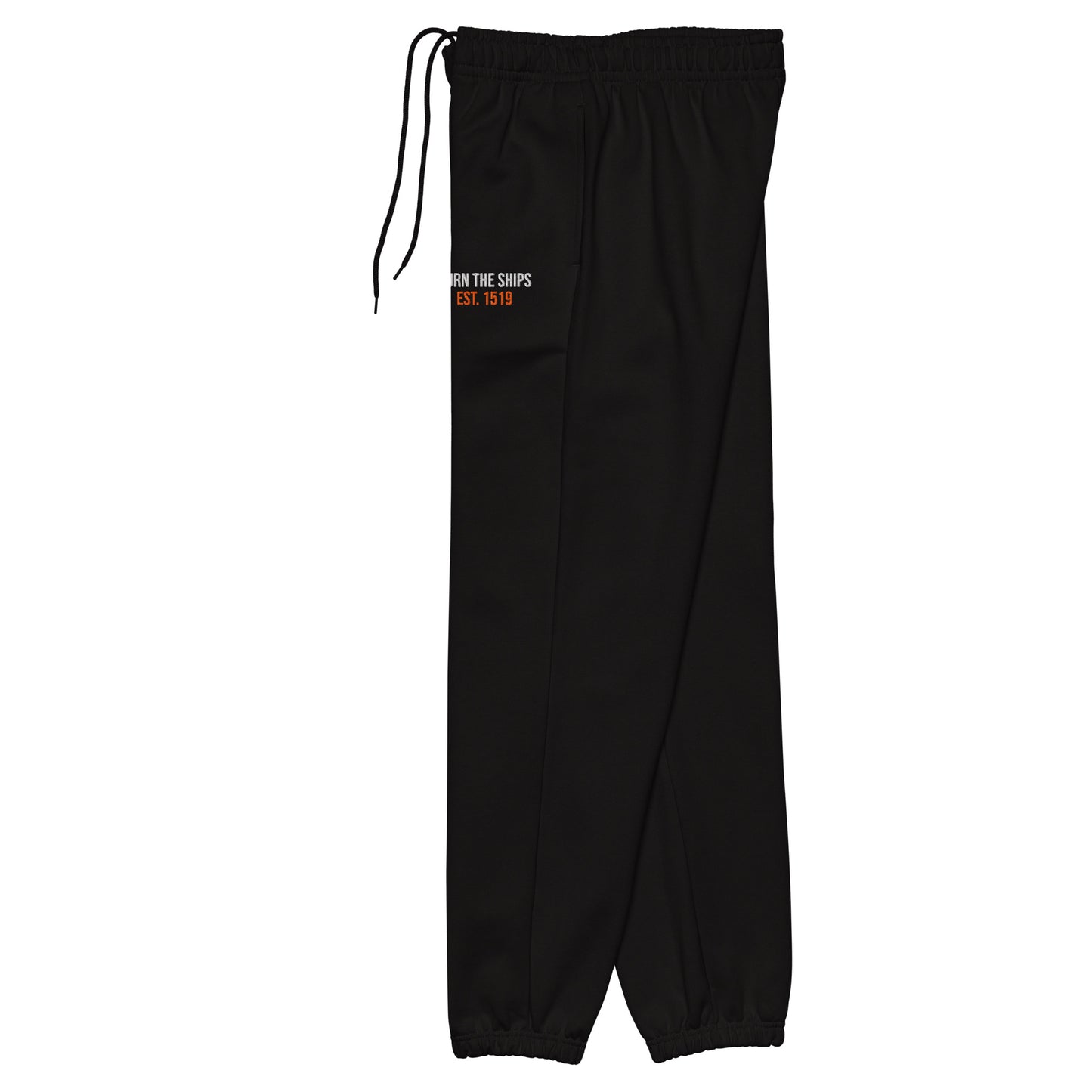 Side view of Burn The Ships heavyweight black sweatpants with elastic cuffs, interior drawcord, side pockets, and embroidered thigh detail.
