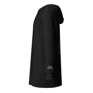 Side profile of black MooreMuscle hooded long-sleeve t-shirt showing hood drape and MMBC EST. 2016 sleeve print