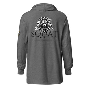 Gray hooded long-sleeve tee, back view, Squat lion graphic with “SQUAT” text