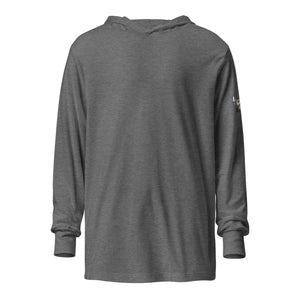 Gray hooded long-sleeve tee, back view, hood down
