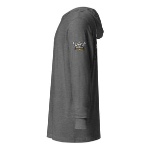 Gray hooded long-sleeve tee, side view showing sleeve length and fit