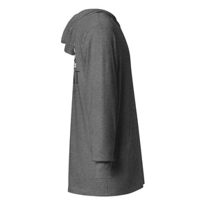 Gray hooded long-sleeve tee, angled side view