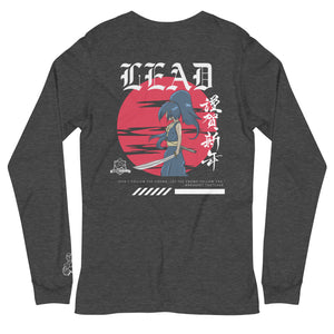 LEAD women’s long sleeve t-shirt laid flat showing back design, charcoal heather