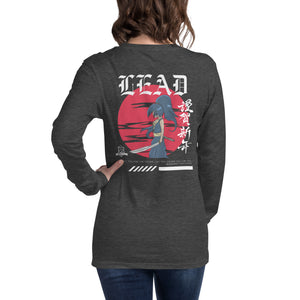 Woman wearing LEAD long sleeve tee, back view with large graphic, charcoal heather