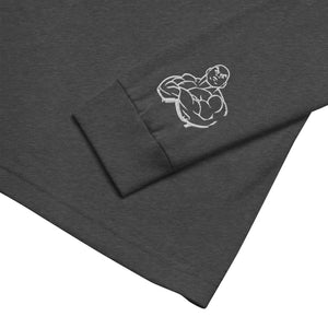 Close-up of LEAD long sleeve tee cuff with MooreMuscle sleeve detail, charcoal heather