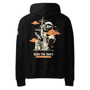 Black MooreMuscle Burn The Ships heavyweight oversized hoodie mockup featuring large back ship graphic and oversized fit.