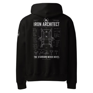 Back view of the Iron Architect heavyweight hoodie featuring a large blueprint-style power rack graphic.