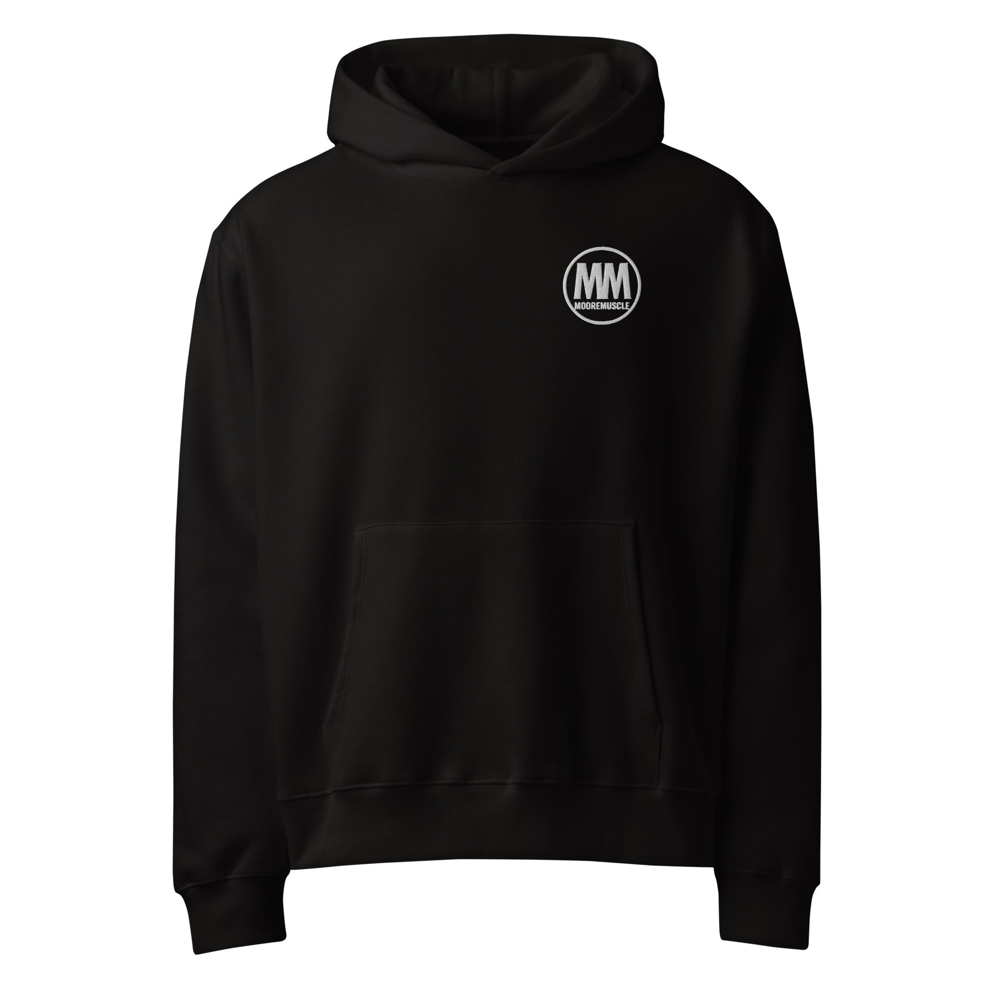 MooreMuscle black heavyweight hoodie with embroidered MM logo on chest front view