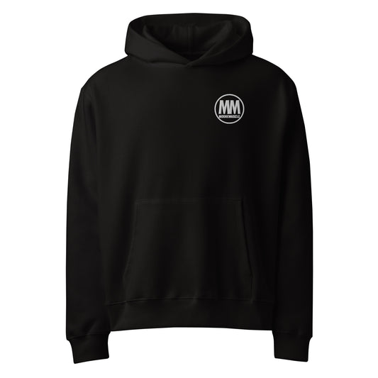 MooreMuscle black heavyweight hoodie with embroidered MM logo on chest front view