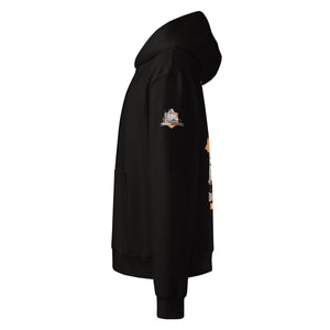 Side profile mockup of the black MooreMuscle Burn The Ships heavyweight oversized hoodie showing oversized silhouette and sleeve logo detail.