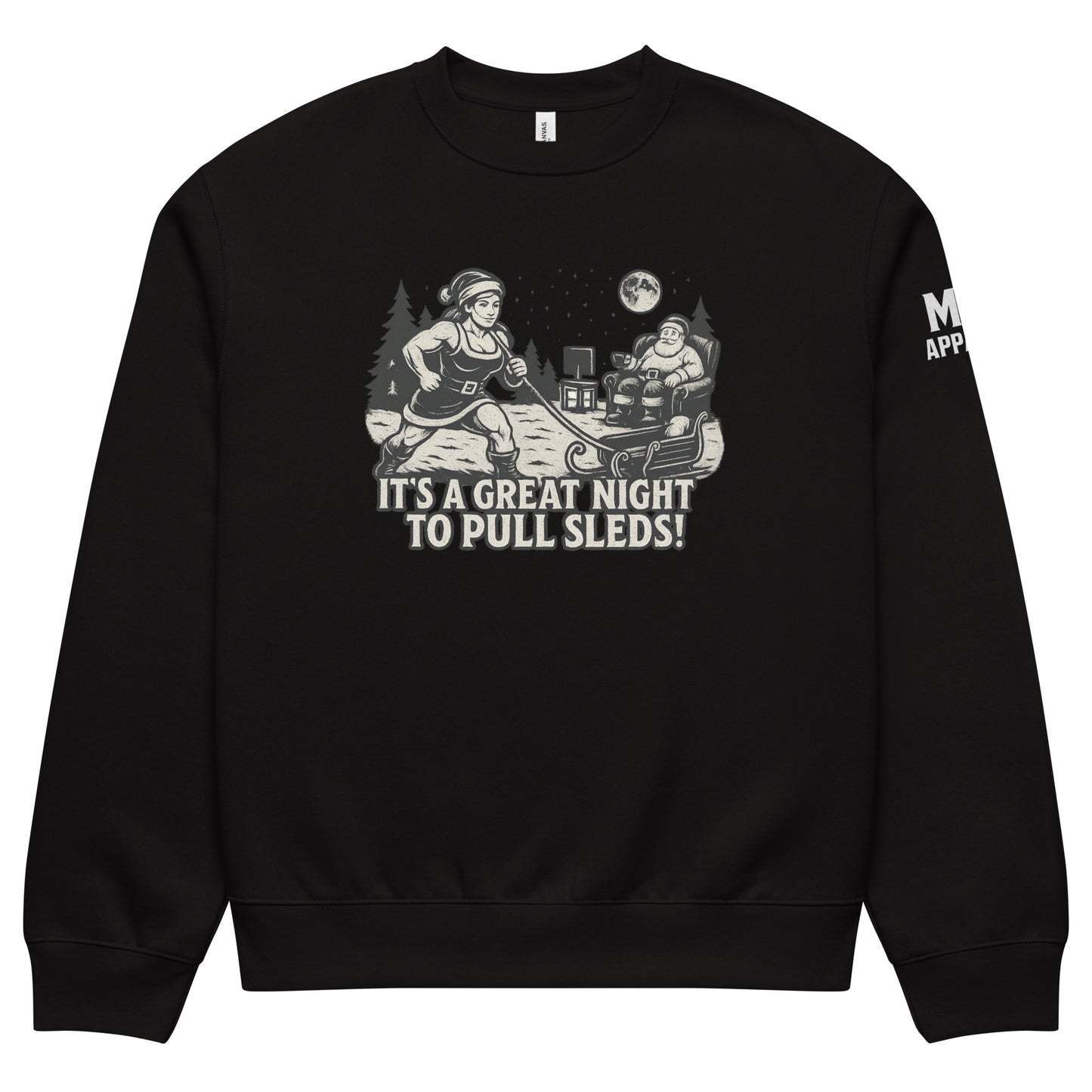 Black sweatshirt with graphic design and text on a white background