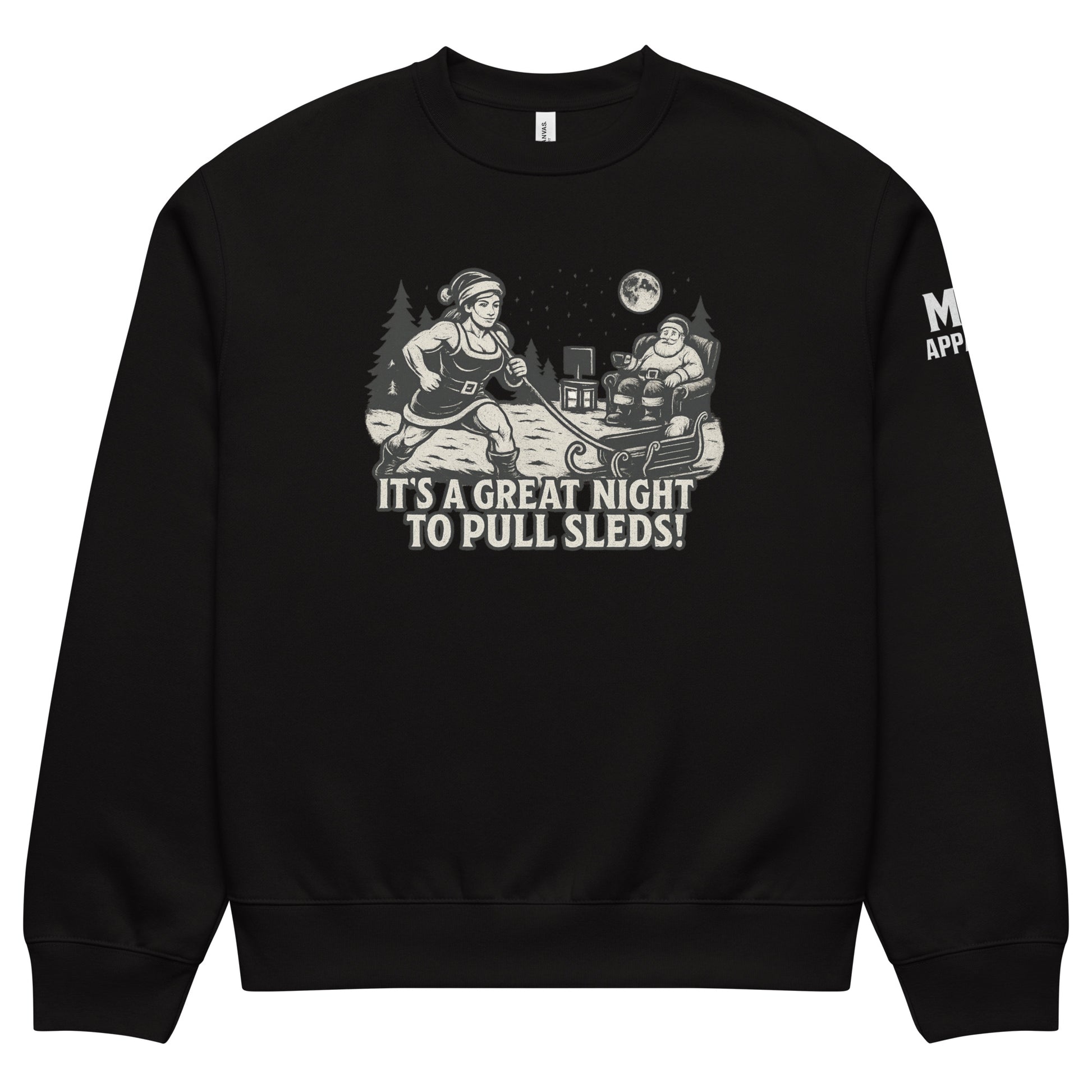 Black sweatshirt with graphic design and text on a white background