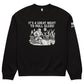 Black sweatshirt with graphic design and text on a white background