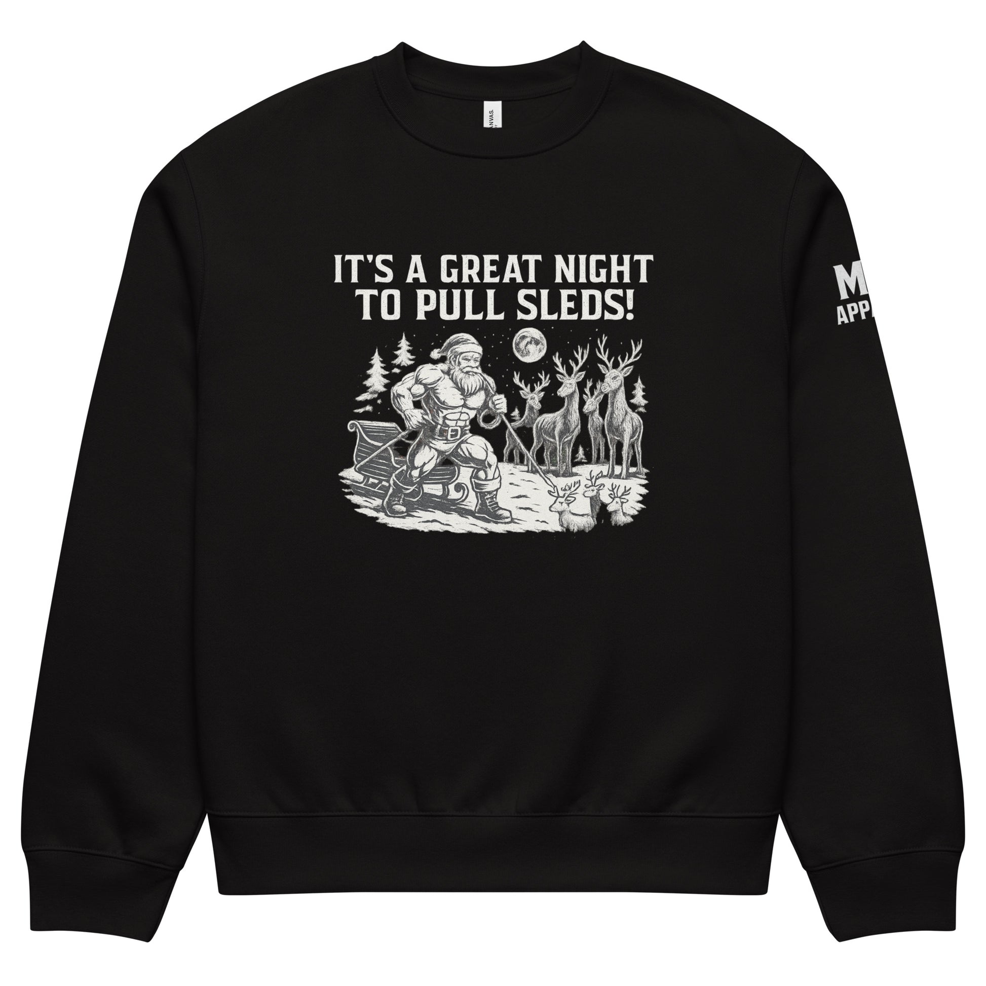 Black sweatshirt with graphic design and text on a white background