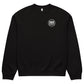Black sweatshirt with a logo on the chest against a white background