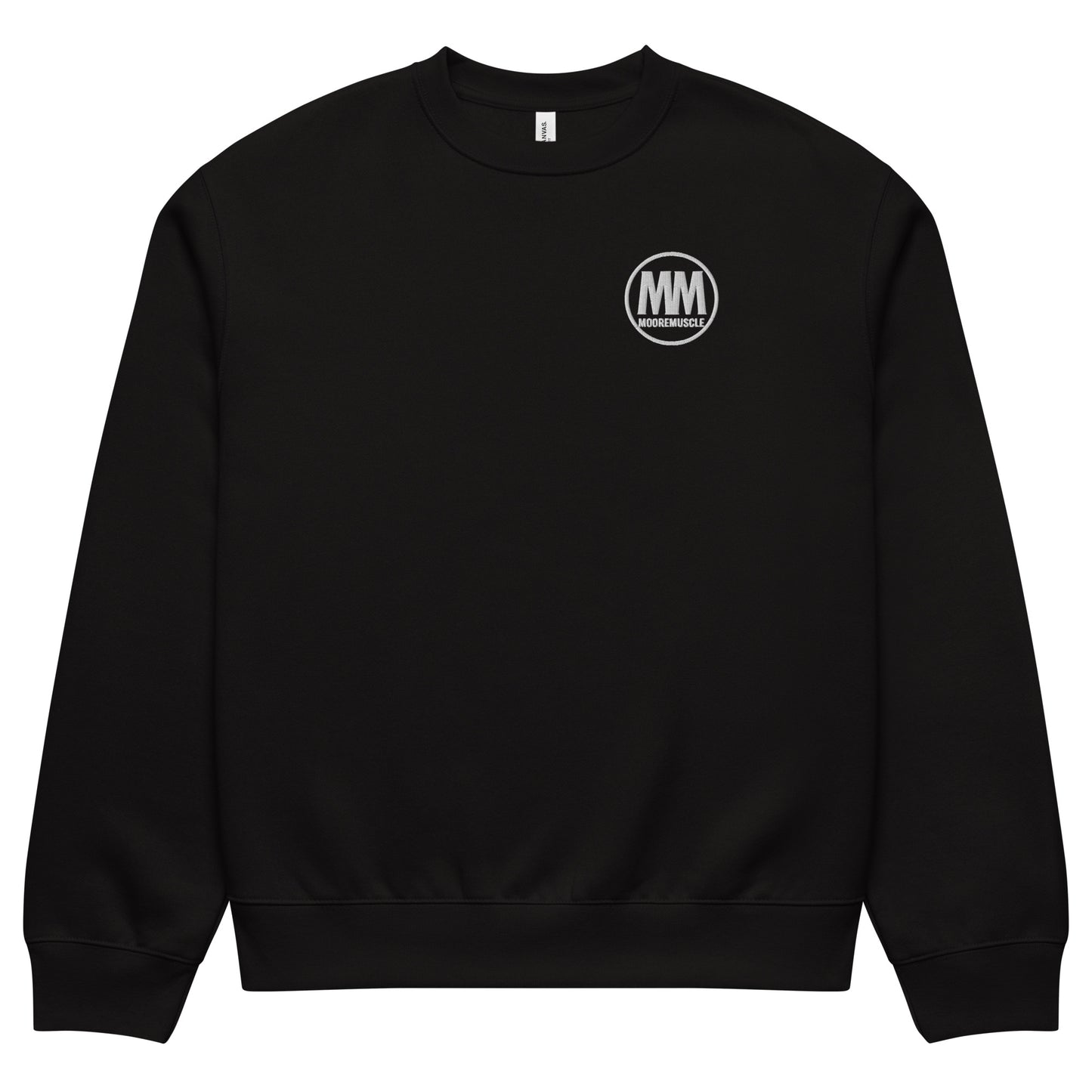 Black sweatshirt with a logo on the chest against a white background