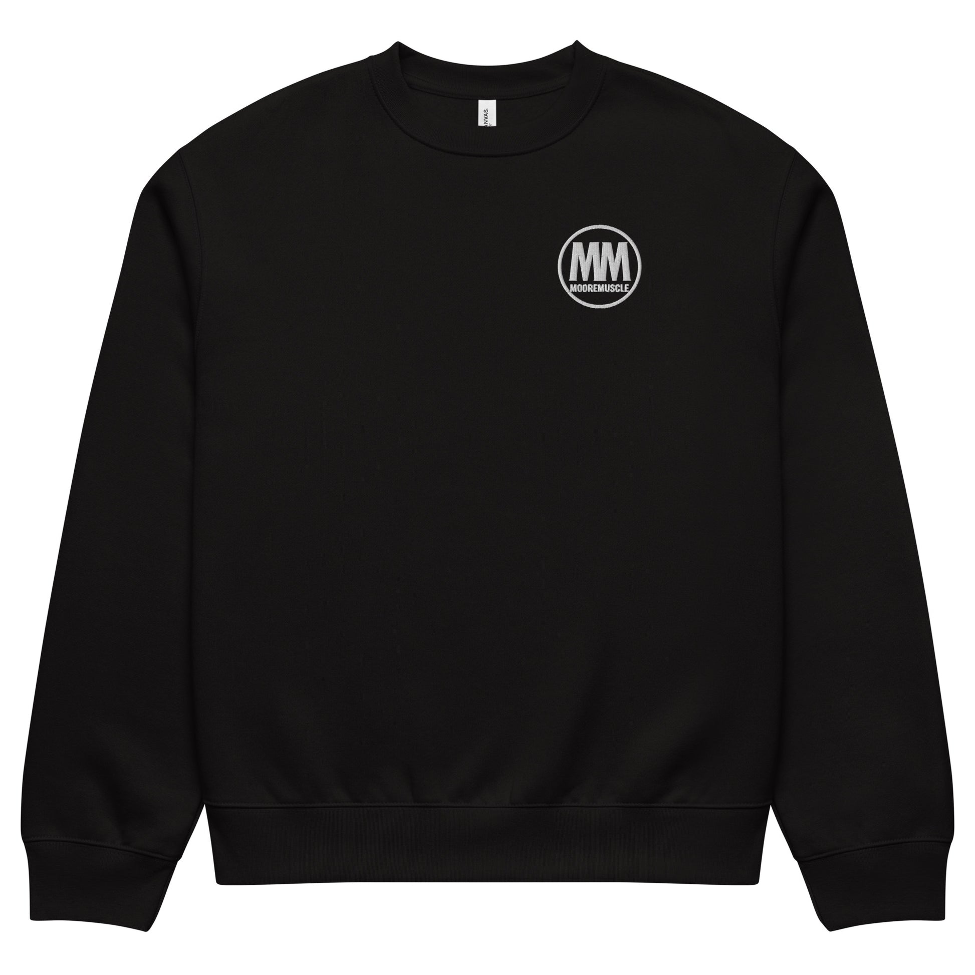 Black sweatshirt with a logo on the chest against a white background