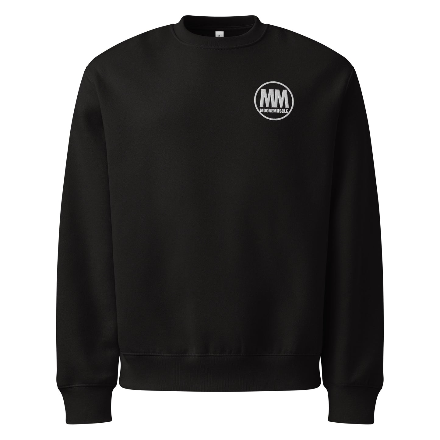 Black sweatshirt with a logo on the chest against a white background