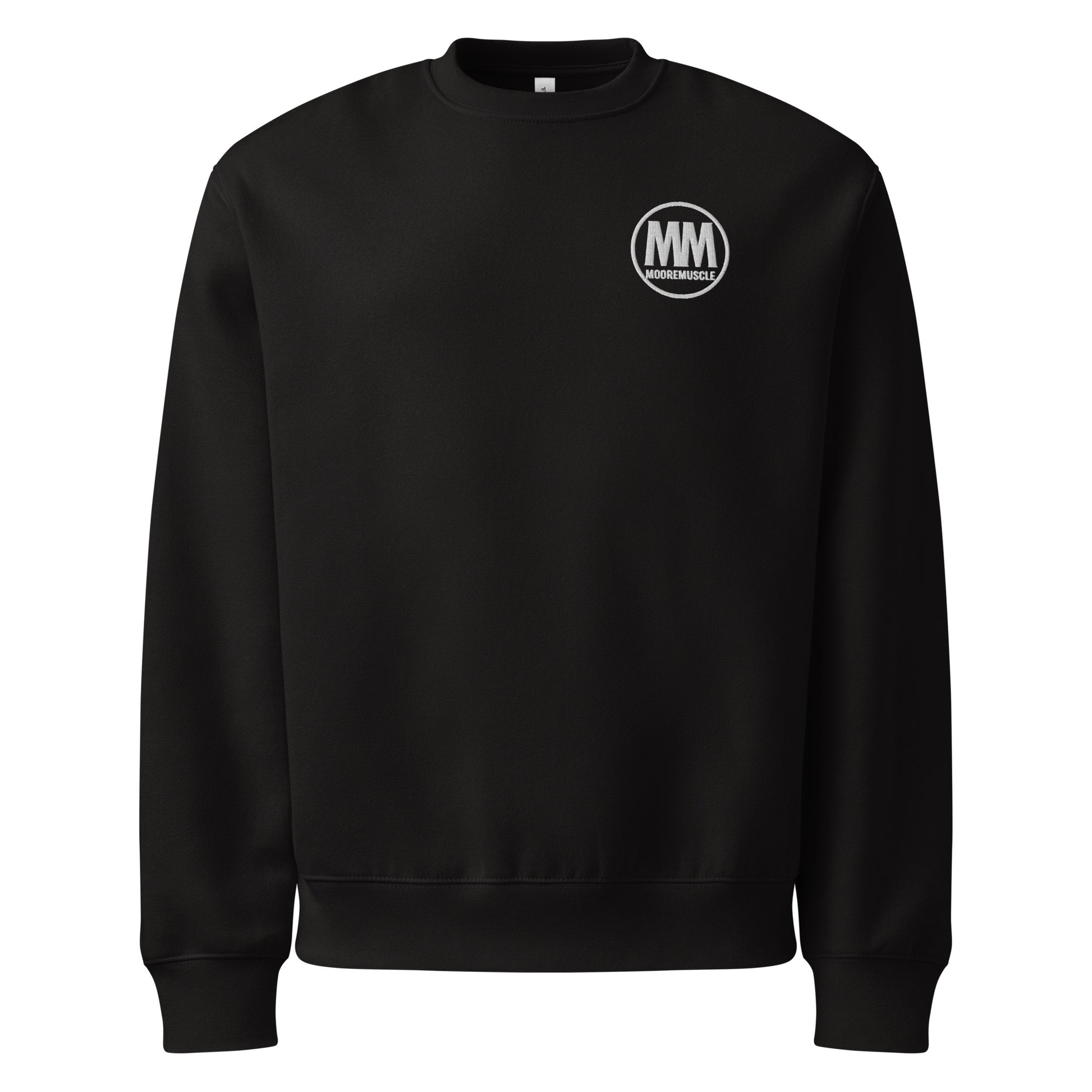 Black sweatshirt with a logo on the chest against a white background