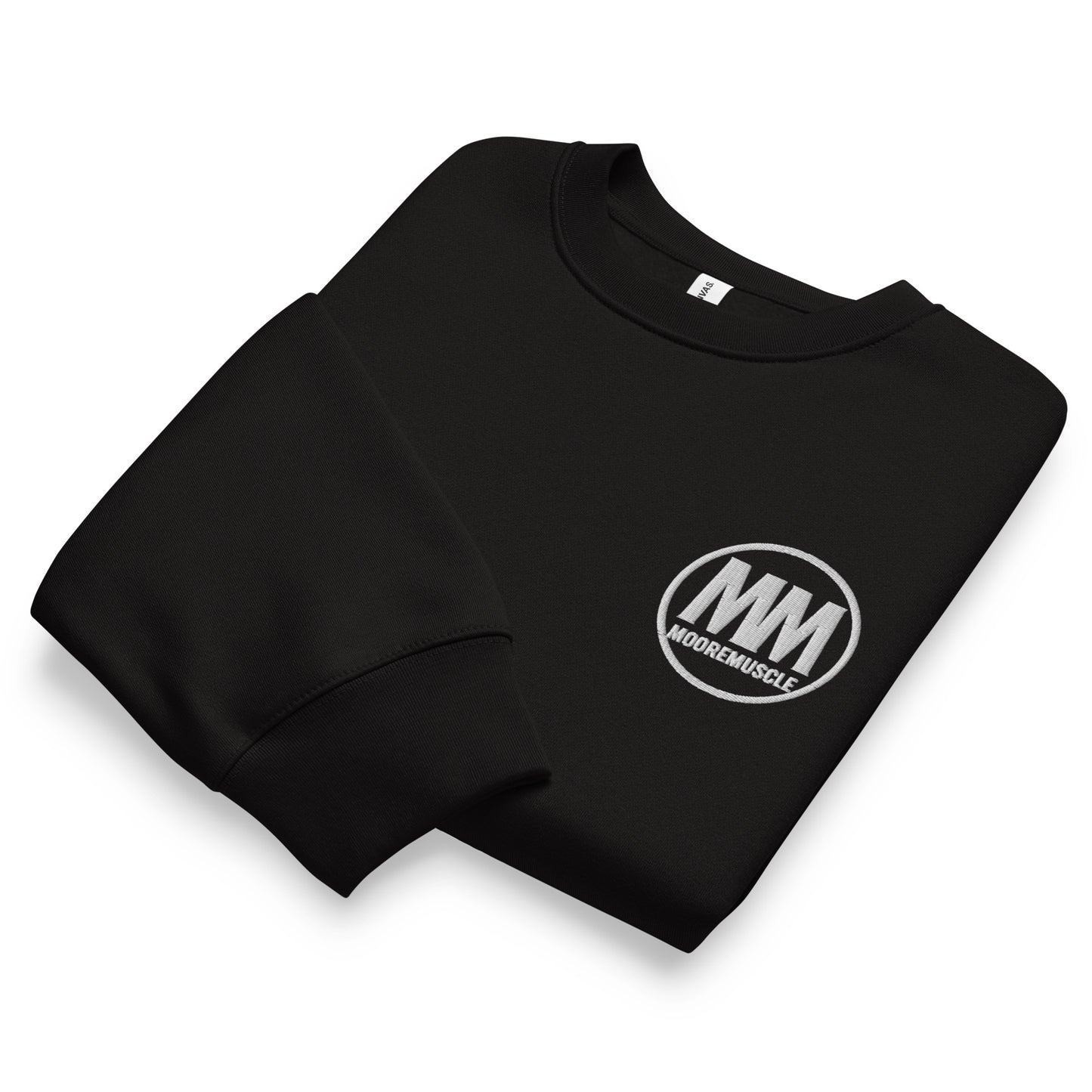 Black sweatshirt with Moore Muscle logo on a white background