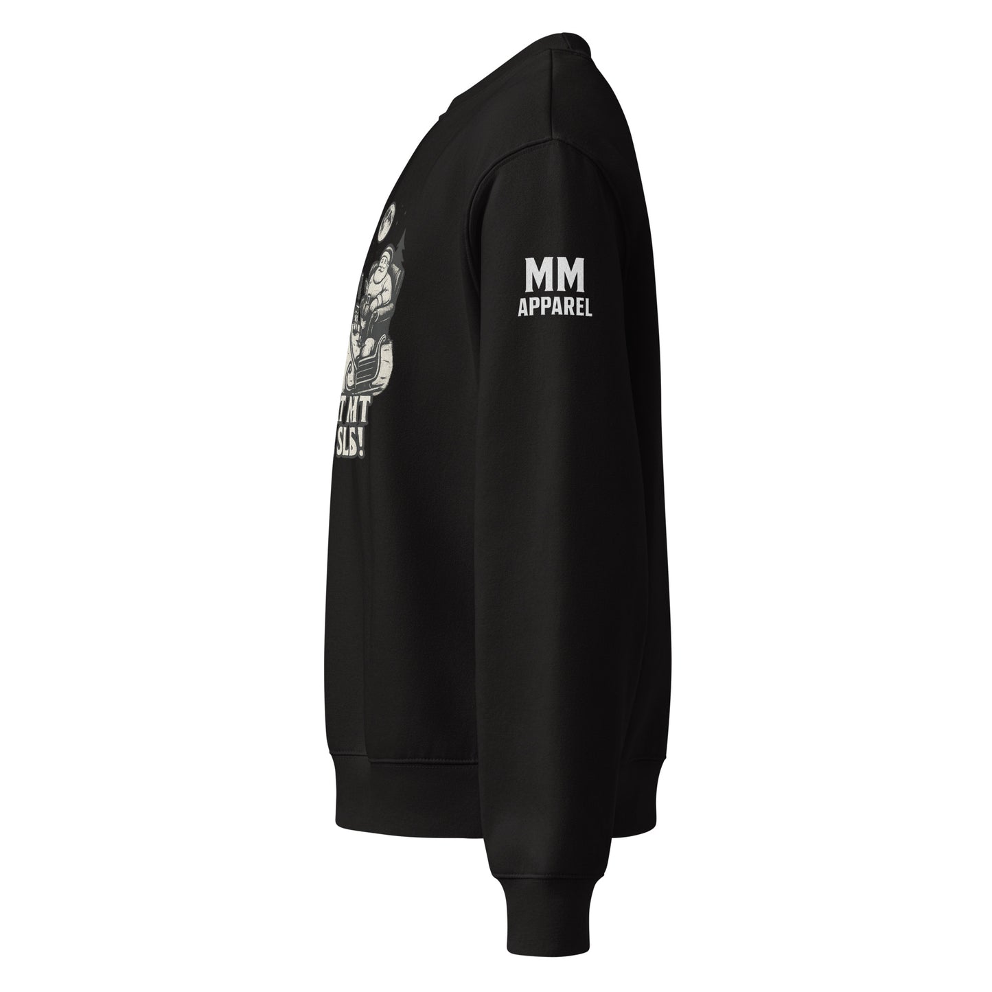 Black sweatshirt with 'MM Apparel' logo on sleeve against a white background