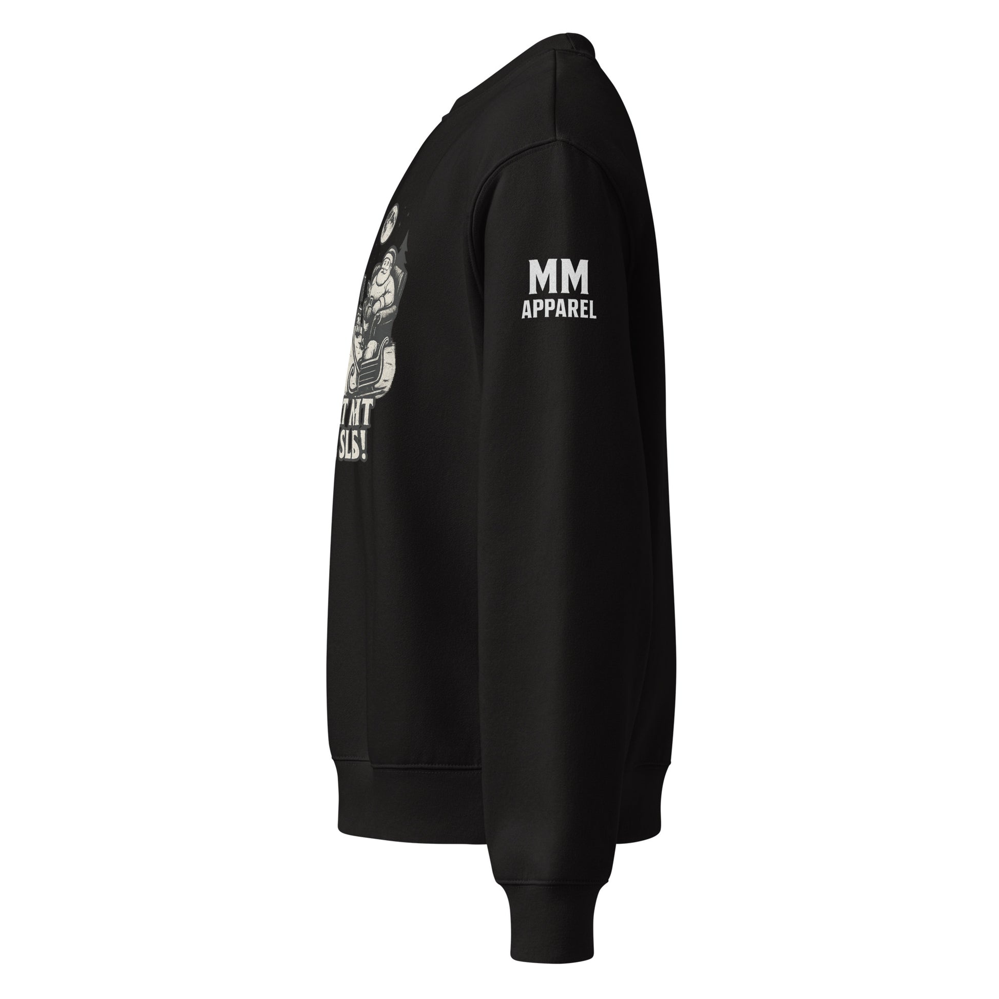 Black sweatshirt with 'MM Apparel' logo on sleeve against a white background