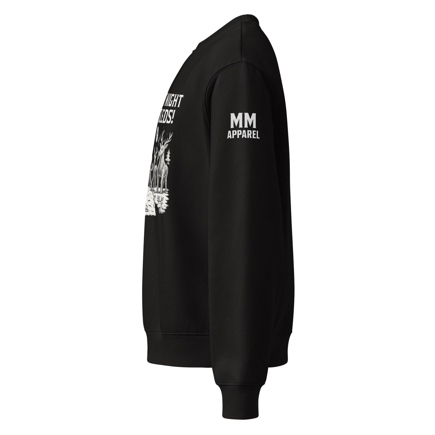 Black sweatshirt with white text and graphics on a white background