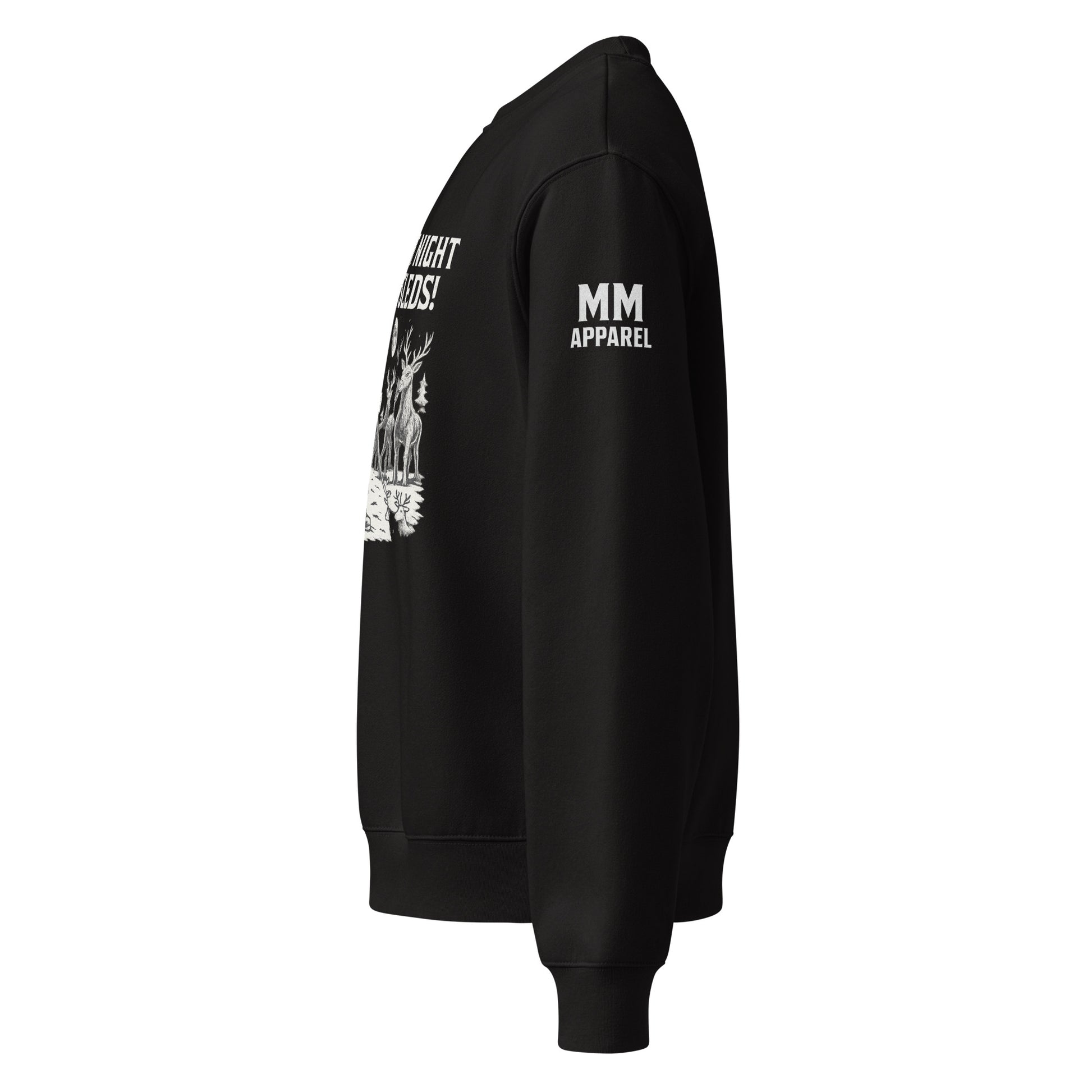 Black sweatshirt with white text and graphics on a white background