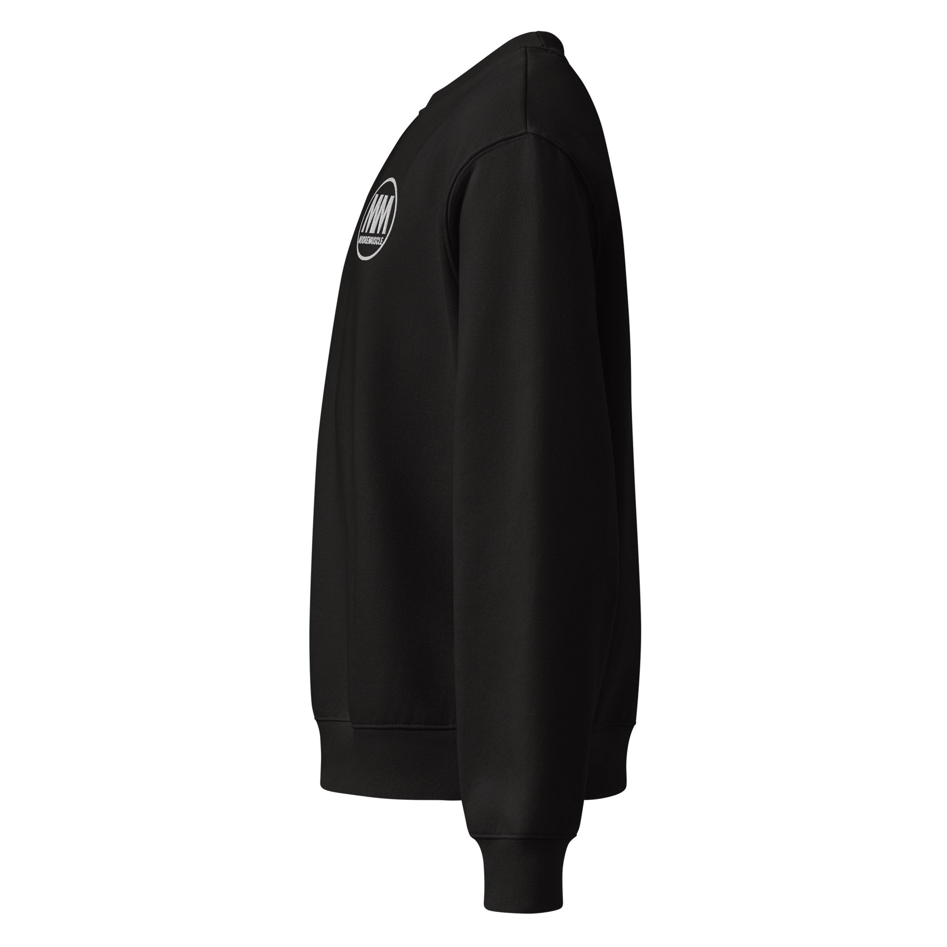 Black sweatshirt with a logo on the sleeve against a white background