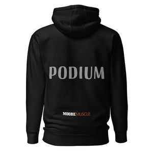 Black SBD Podium Hoodie back view with PODIUM text across upper back