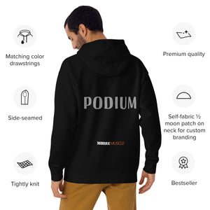 Male athlete wearing black SBD Podium Hoodie back view PODIUM graphic gym setting