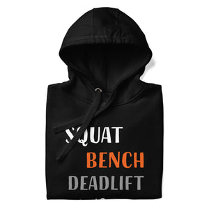 Black SBD Podium Hoodie hood up front view with squat bench deadlift design