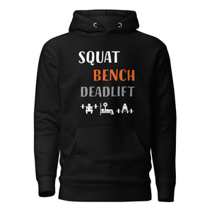 Black SBD Podium Hoodie front view with squat bench deadlift graphic in white and orange