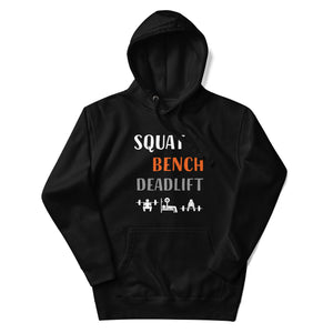 Black SBD Podium Hoodie angled front view squat bench deadlift graphic