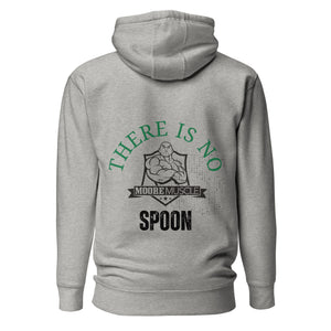 Heather gray MooreMuscle ‘There Is No Spoon’ hoodie showing back graphic design.