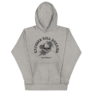 Excuses Kill Dreams Premium Hoodie grey front view with skull graphic and arched lettering