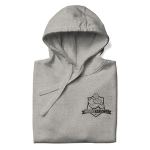 Folded heather gray ‘There Is No Spoon’ hoodie with MooreMuscle branding.