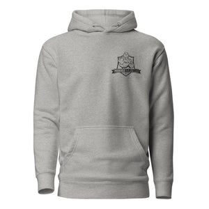 Front view of heather gray MooreMuscle hoodie with small left-chest logo.