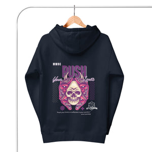 Hanging display: MooreMuscle Push Your Limits hoodie on hanger showing back graphic