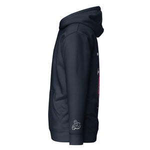 Side view: Black pullover hoodie side profile showing fit and hood shape