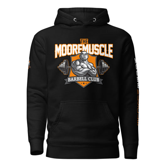 MooreMuscle Barbell Club Hoodie black premium strength hoodie front view with bold chest graphic and sleeve print