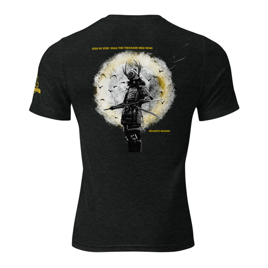 MooreMuscle Thousand Mile Road tri-blend gym t-shirt charcoal black with samurai back graphic and Miyamoto Musashi quote