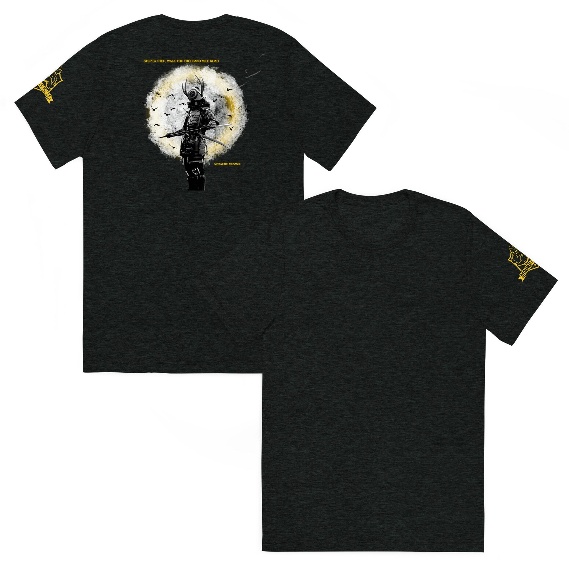 MooreMuscle Thousand Mile Road charcoal black tri-blend t-shirt front and back view with samurai discipline graphic