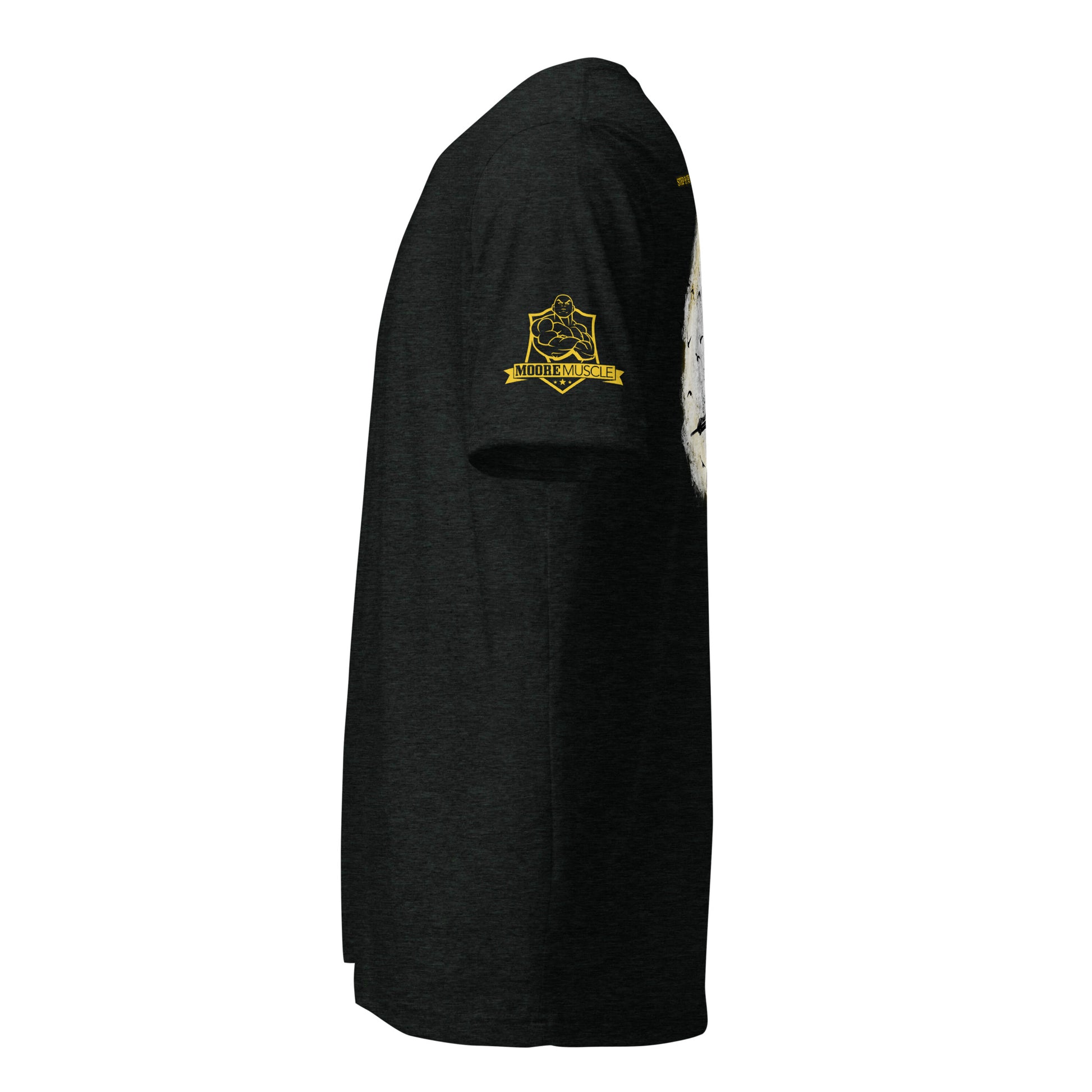 MooreMuscle charcoal black triblend gym t-shirt side view showing sleeve logo and athletic fit